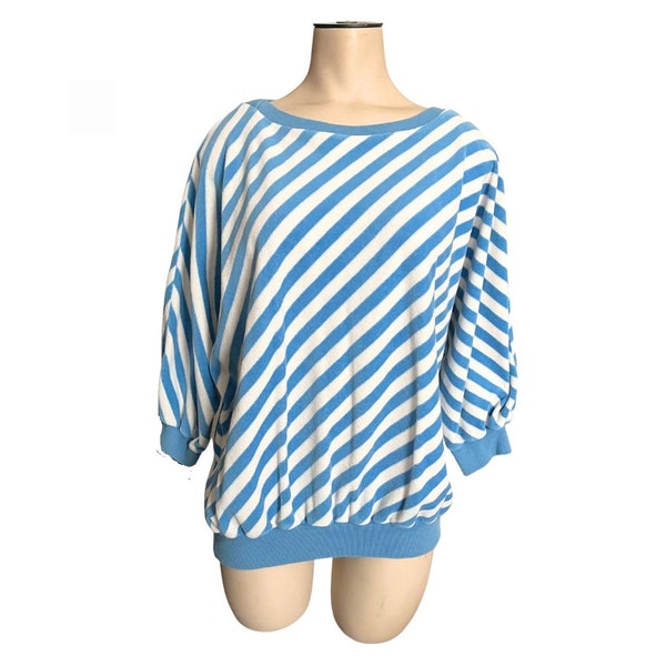 Vintage 1980s Misses' Varhety Blue White Stripe Velour Dolman Sleeve Top XS S M L