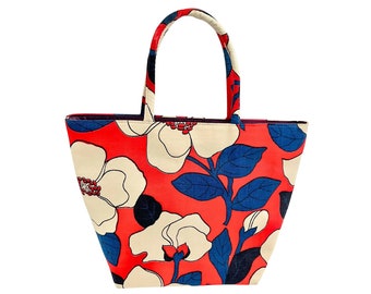 Vintage 1960s Margaret Smith Red White Blue Mod Floral Print Fabric Handbag Tote