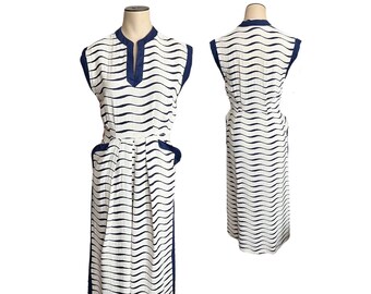 Vintage 1940s 50s Misses' Junior Craft Blue and White Stripe Sleeveless Dress // Size XS S 2 4 6