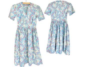 Vintage 1930s 40s Misses' Blue Floral Feed Sack Cotton Dress // Size XXS XS 00 0 2