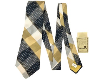 Vintage 1960s 70s Wembley New Old Stock White Black Mustard Yellow Check Silk Necktie Tie