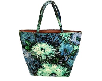 Vintage 1960s Margaret Smith Blue Green Floral Print Fabric Handbag Tote