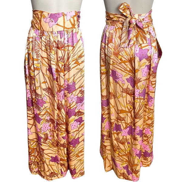 Vintage 1970s Misses' Long Yellow Pink Purple Orange Floral Wrap Maxi Skirt // XS 0 2