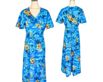 Vintage jaren 1970 jaren '80 Misses' Royal Hawaiian Blue Orange Polyester Jurk // Maat Medium 8 10