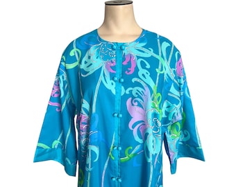 Vintage 1960s Kiyomi Hawaii Misses' Dress Cover Up Turquoise Purple // Medium 6 8 10