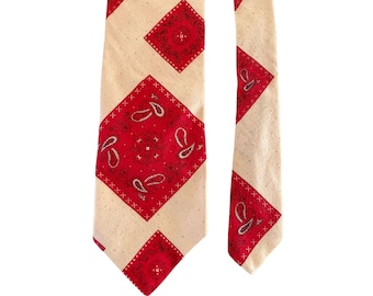 Vintage 1960s 70s Men's Santavelli by Wembley Red White Bandana Print Tie Necktie