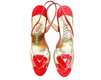 Vintage 1970s 80s A'Mano Red Gold and Clear Vinyl Heels // Size 7 1/2 N