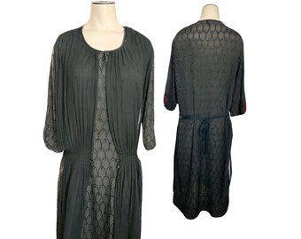 Vintage 1920s 30s Misses' Black Cotton Flapper Style Dress //