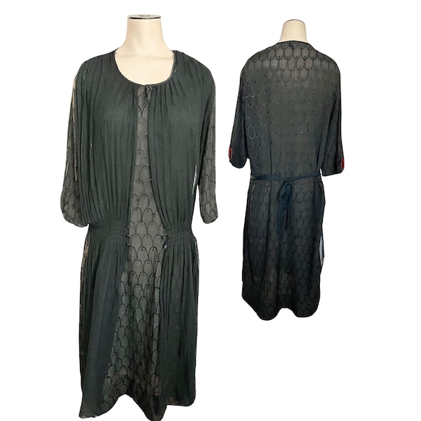Vintage 1920s 30s Misses' Black Cotton Flapper Style Dress //