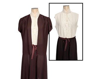 Vintage 1970s 80s Misses' Jane Baar Brown and Cream Day Dress with Shrug // Size M L 10 12 14