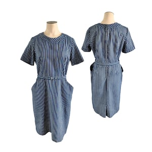 Vintage 1960s Korell Misses&#39; Navy White Short Sleeved Dress // Medium M 8 10