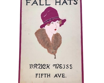Vintage Antique 1927 Bruck Weiss Fifth Avenue Hand Painted Hat Advertisement on Mat Board