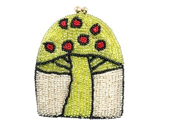 Vintage 1960s 70s Seed Bead Mushroom Coin Purse Green Red Black Silver