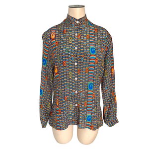 Vintage 1970s 80s Misses' Modesto Hong Kong Geometric Print Rainbow Colored Blouse // Size XS S M