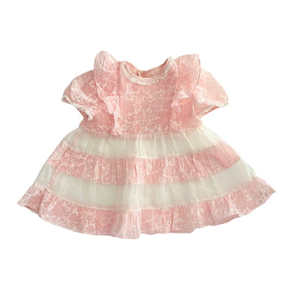 Vintage 1940s Toddler Girls' Handmade Pink and White Ruffled Skirt Dress // Size 12 18 Months