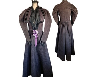 Antique Vintage Late 1800s Victorian Edwardian Misses' Purple and Black Wool Jacket and Skirt // XXS XS 00 0