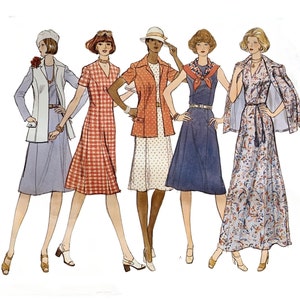 May include: Five women wearing different dresses. The dresses are in various colors and patterns, including red and white gingham, white with black polka dots, blue, and a floral print. The women are wearing hats and shoes.