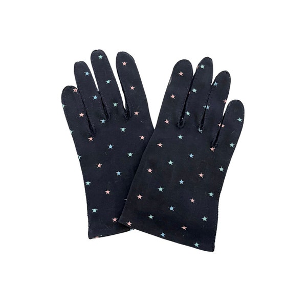 Vintage 1950s 60s Madeleine Debs Navy with Light Pink and Blue Stars Cotton Felt Gloves // Size 6 1/2