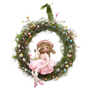 Handmade Spring Easter Wreath Featuring Vintage Bradley Style Posable Doll