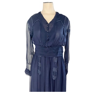 Vintage 1920s 30s Misses&#39; Navy Sheer Chiffon Dress with Attached Silk Slip // Size XS 0 2