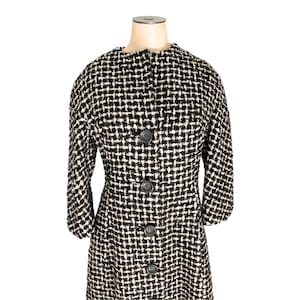 Vintage 1950s 60s Misses&#39; Mam&#39;selle by Betty Carol Black and White Wool Mohair Check Coat // XS S 0 2 4