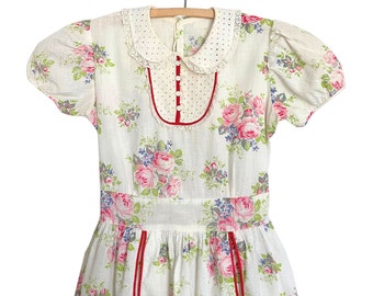 Vintage 1940s 50s Girls' White Pink Rose Seersucker Short Sleeve Dress // Size 10 12