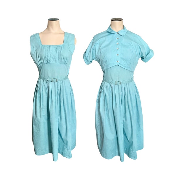 Vintage 1950s 60s Misses' Jo White Turquoise Cotton Sundress and Short Sleeve Jacket Set // Size Small 4 6