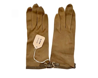 Vintage 1950s 60s NEW Old Stock Kay Gloves Kay Fuchs Light Brown Cotton Felt with Leather Trim Gloves // Size 6 1/2