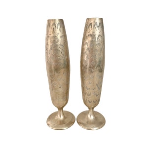 Vintage 1960s 70s Set of Two Cylinder Shaped Brass Vases Floral Etching