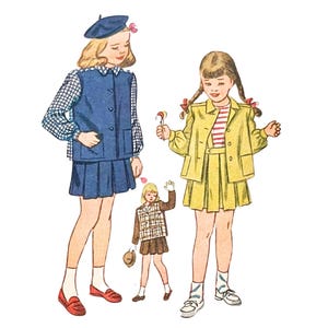 May include: Three girls wearing different outfits. The girl on the left is wearing a blue and white checked shirt, a blue waistcoat, a blue skirt, a beret, and red shoes. The girl in the middle is wearing a plaid jacket, a brown skirt, and black shoes. The girl on the right is wearing a yellow jacket, a striped shirt, a yellow skirt, and white shoes.