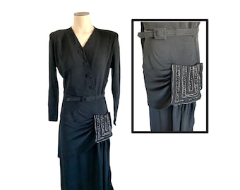 Vintage 1940s Black Rayon Crepe Long Sleeve Dress with Bead Pocket Detail // XS 0 2