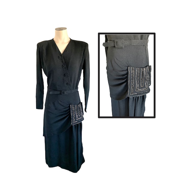 Vintage 1940s Black Rayon Crepe Long Sleeve Dress with Bead Pocket Detail // XS 0 2