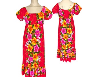 Vintage 1960s 70s Misses' Girls' Pomare Hawaii Acrylic Barkcloth Dress Empire Waist // Size XS 0 2