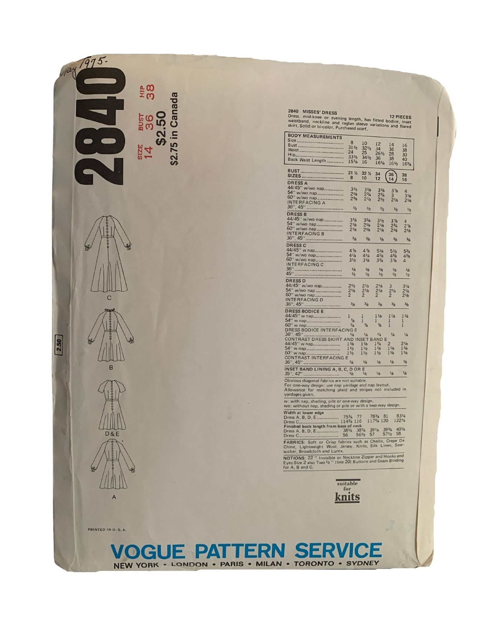 Vintage UNCUT 1970s Vogue Misses' Dress Pattern 2840 Size - Etsy