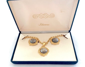 Vintage 1970s 80s Siluane Gold Tone and Grey Faux Stone Necklace and Clip Earrings Set