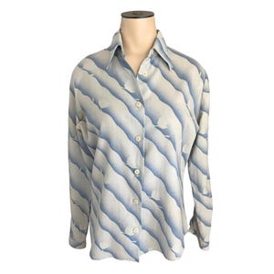Vintage 1960s Misses&#39; Mary Quant for Londonpride Light Blue Wool Cotton Wave Print Blouse Shirt // Size S M
