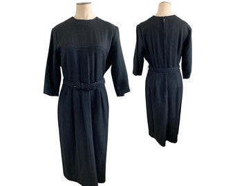 Vintage 1950s 60s Misses' Kerrybrooke Black Wool Dress // Medium M 6 8 10