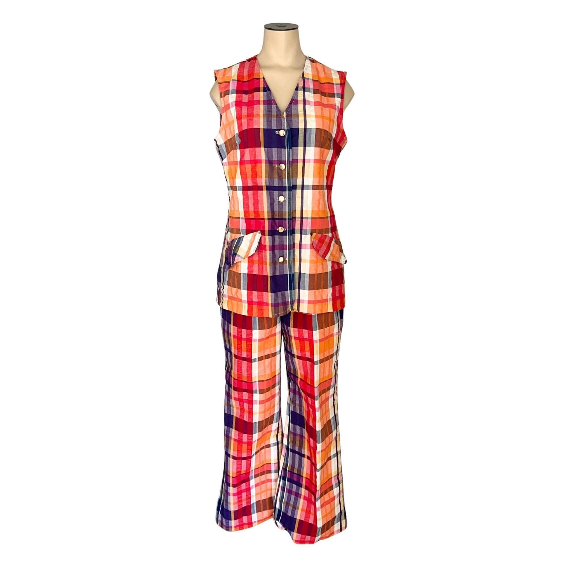 Vintage 1970s Russ Misses' Vest Tunic Top and Pants Set Plaid Seersucker // Size Small 4 6