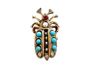 Vintage 1960s 70s Gold Tone Turquoise Faux Gem Beetle Scarab Brooch Pin