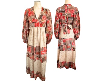 Vintage 1970s Misses' Allegro New York Brown Cream Orange Boho Maxi Dress // XS 0 2