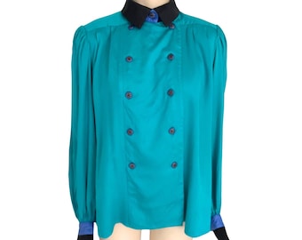 Vintage 1980s Jeanne Marc Turquoise Color Block Blouse // Size 4 6