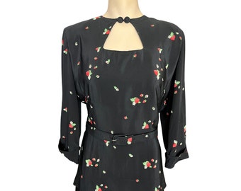 Vintage 1940s R&K Original Black Rayon Dress with Strawberry Print // Size XS S