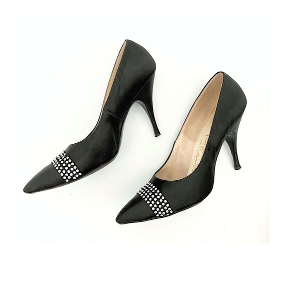 Black satin pumps with rhinestones sale