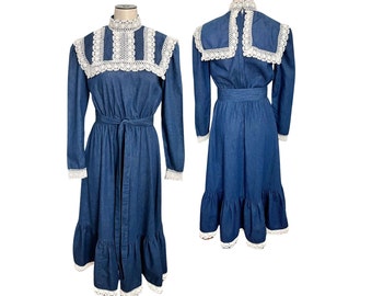 Vintage 1970s 80s Misses' Act I Denim and Crochet Lace Cottagecore Dress // XS S 0 2 4