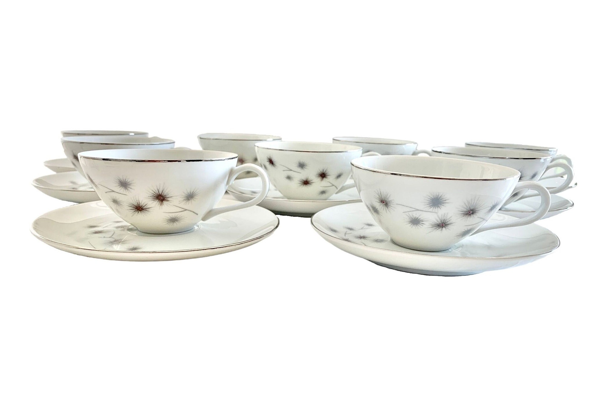 Vintage 1950s Creative Fine China 9 Starburst Pattern 1014 Cup and Saucer Sets