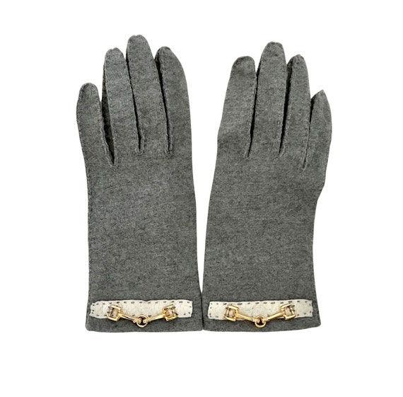 Vintage 1950s 60s Gray Flannel Gloves with Leathe… - image 2