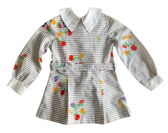 Vintage 1970s Girls' Shutterbug Blue White Stripe Fruit Print Dress // Size 5 6