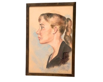 Vintage 1950s Pastel Portrait of a Young Woman Framed