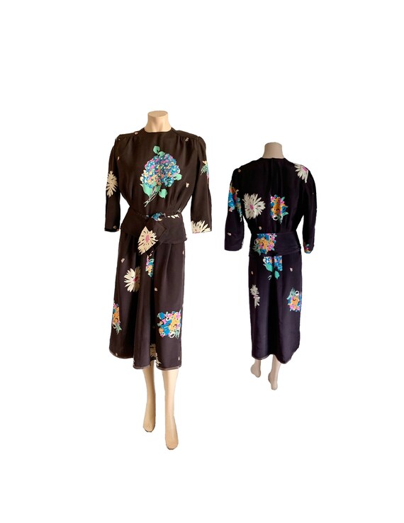 Vintage 1920s 30s Misses' Brown Blue Floral Print