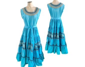 Vintage 1950s 60s Misses' Georgie of Arizona Turquoise Southwestern Rockabilly Squaw Dress // S M 4 6 8